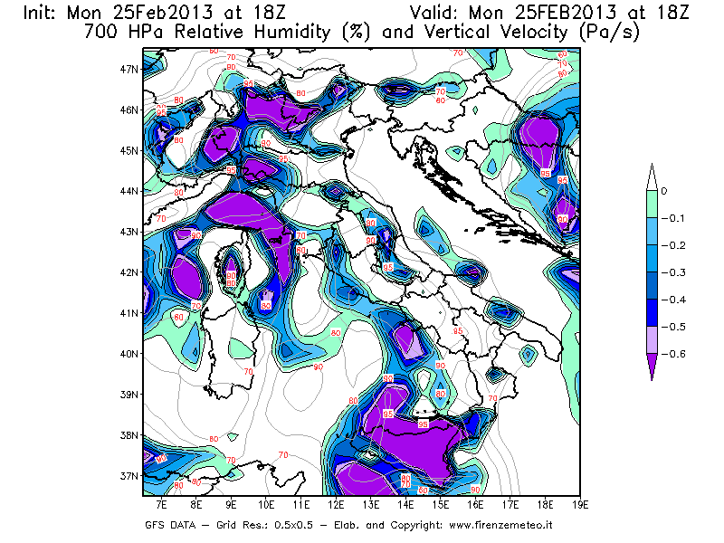 Mappa di analisi GFS - Umidità relativa [%] e Omega [Pa/s] a 700 hPa in Italia
									del 25/02/2013 18 <!--googleoff: index-->UTC<!--googleon: index-->