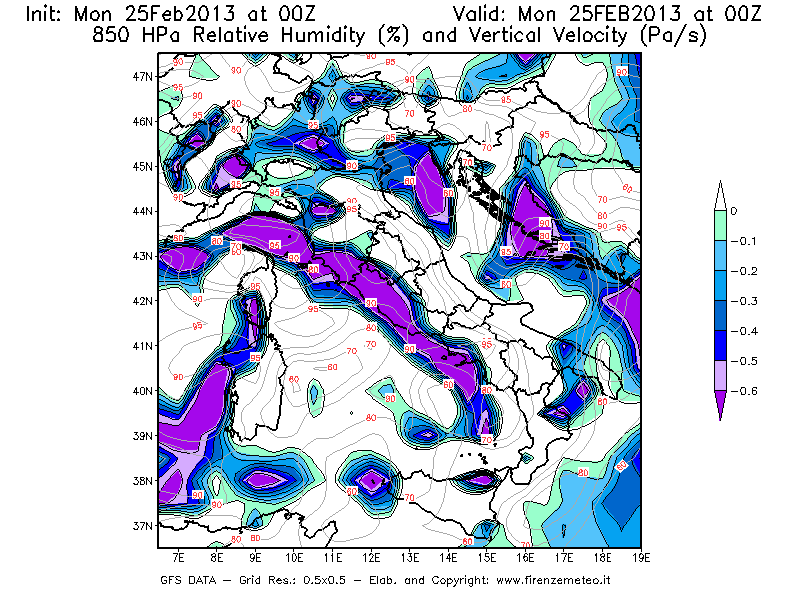 Mappa di analisi GFS - Umidità relativa [%] e Omega [Pa/s] a 850 hPa in Italia
							del 25/02/2013 00 <!--googleoff: index-->UTC<!--googleon: index-->