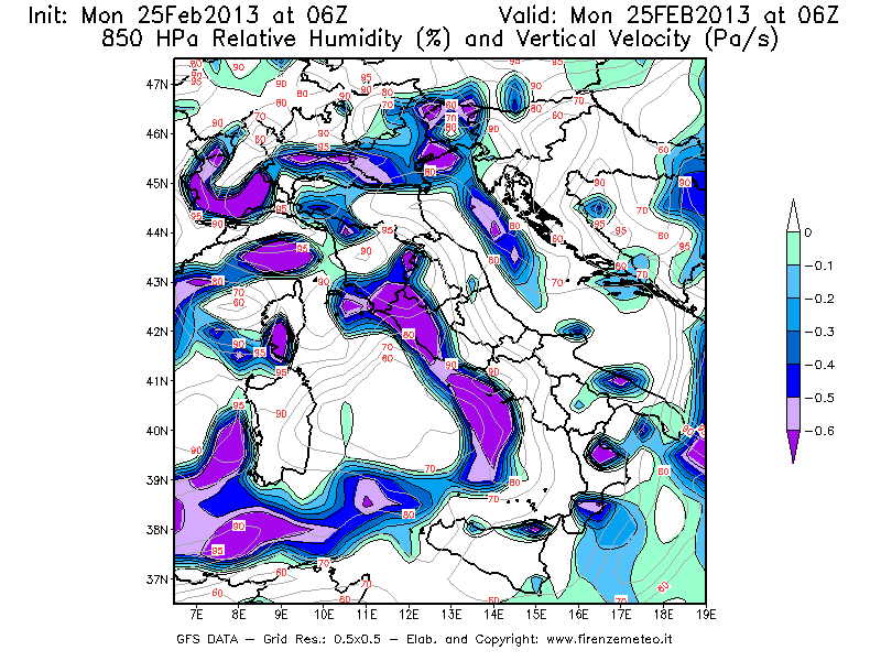 Mappa di analisi GFS - Umidità relativa [%] e Omega [Pa/s] a 850 hPa in Italia
							del 25/02/2013 06 <!--googleoff: index-->UTC<!--googleon: index-->