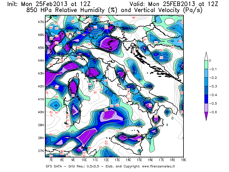 Mappa di analisi GFS - Umidità relativa [%] e Omega [Pa/s] a 850 hPa in Italia
							del 25/02/2013 12 <!--googleoff: index-->UTC<!--googleon: index-->