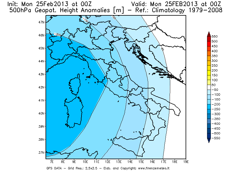 Mappa di analisi GFS - Anomalia di Geopotenziale a 500 hPa in Italia
							del 25/02/2013 00 <!--googleoff: index-->UTC<!--googleon: index-->