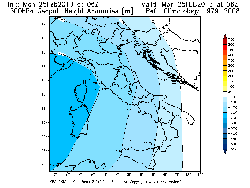 Mappa di analisi GFS - Anomalia di Geopotenziale a 500 hPa in Italia
							del 25/02/2013 06 <!--googleoff: index-->UTC<!--googleon: index-->