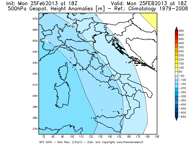 Mappa di analisi GFS - Anomalia di Geopotenziale a 500 hPa in Italia
									del 25/02/2013 18 <!--googleoff: index-->UTC<!--googleon: index-->
