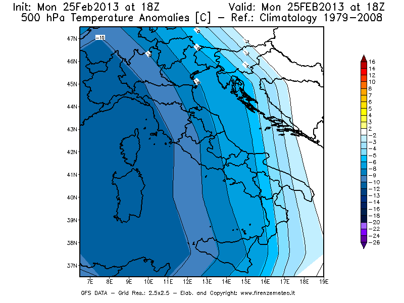 Mappa di analisi GFS - Anomalia Temperatura [°C] a 500 hPa in Italia
									del 25/02/2013 18 <!--googleoff: index-->UTC<!--googleon: index-->
