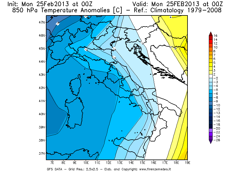 Mappa di analisi GFS - Anomalia Temperatura [°C] a 850 hPa in Italia
							del 25/02/2013 00 <!--googleoff: index-->UTC<!--googleon: index-->