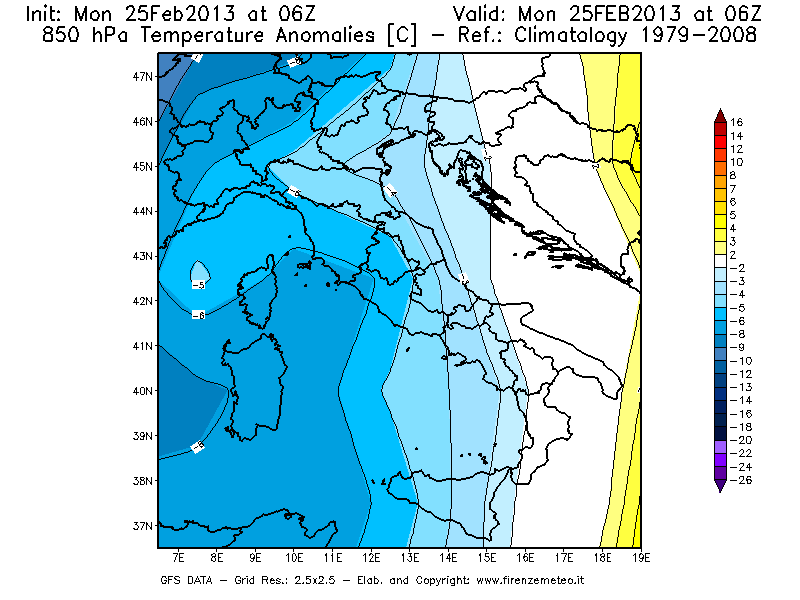 Mappa di analisi GFS - Anomalia Temperatura [°C] a 850 hPa in Italia
									del 25/02/2013 06 <!--googleoff: index-->UTC<!--googleon: index-->