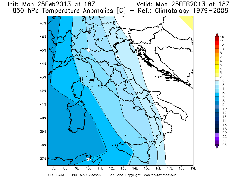 Mappa di analisi GFS - Anomalia Temperatura [°C] a 850 hPa in Italia
									del 25/02/2013 18 <!--googleoff: index-->UTC<!--googleon: index-->
