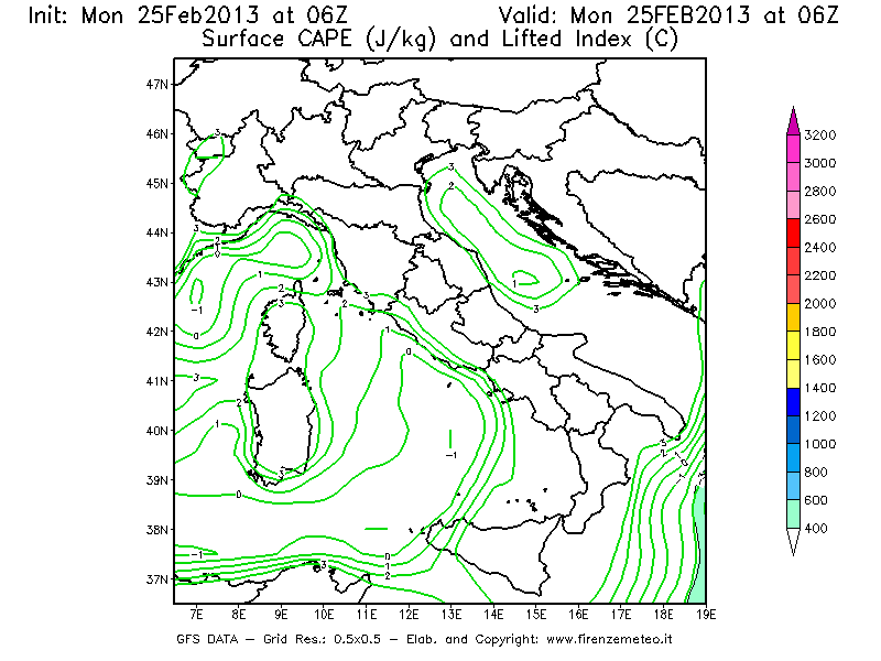 Mappa di analisi GFS - CAPE [J/kg] e Lifted Index [°C] in Italia
									del 25/02/2013 06 <!--googleoff: index-->UTC<!--googleon: index-->