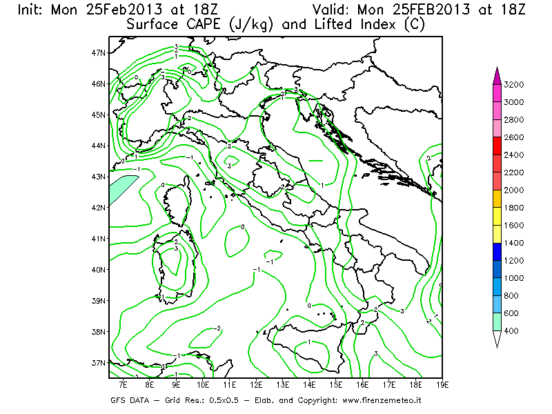 Mappa di analisi GFS - CAPE [J/kg] e Lifted Index [°C] in Italia
							del 25/02/2013 18 <!--googleoff: index-->UTC<!--googleon: index-->