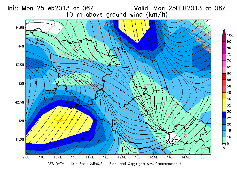 Mappa di analisi GFS - Velocità del vento a 10 metri dal suolo [km/h] in Centro-Italia
							del 25/02/2013 06 <!--googleoff: index-->UTC<!--googleon: index-->