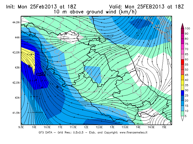 Mappa di analisi GFS - Velocità del vento a 10 metri dal suolo [km/h] in Centro-Italia
							del 25/02/2013 18 <!--googleoff: index-->UTC<!--googleon: index-->
