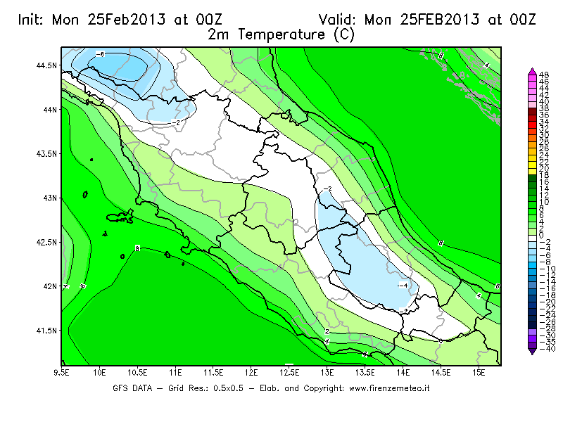 Mappa di analisi GFS - Temperatura a 2 metri dal suolo [°C] in Centro-Italia
									del 25/02/2013 00 <!--googleoff: index-->UTC<!--googleon: index-->