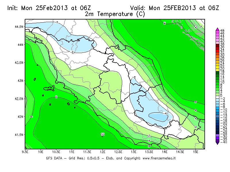 Mappa di analisi GFS - Temperatura a 2 metri dal suolo [°C] in Centro-Italia
							del 25/02/2013 06 <!--googleoff: index-->UTC<!--googleon: index-->