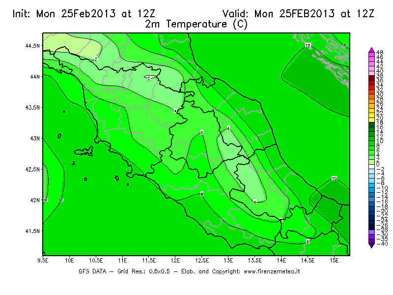Mappa di analisi GFS - Temperatura a 2 metri dal suolo [°C] in Centro-Italia
							del 25/02/2013 12 <!--googleoff: index-->UTC<!--googleon: index-->