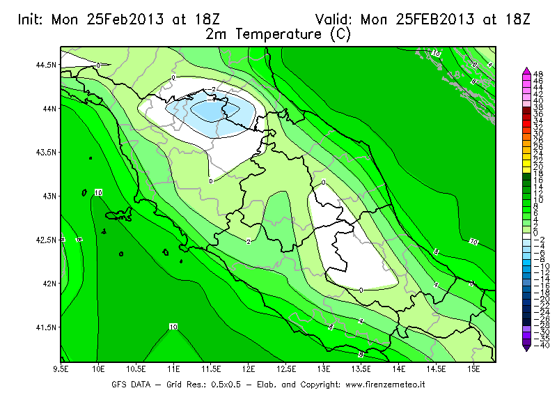Mappa di analisi GFS - Temperatura a 2 metri dal suolo [°C] in Centro-Italia
									del 25/02/2013 18 <!--googleoff: index-->UTC<!--googleon: index-->