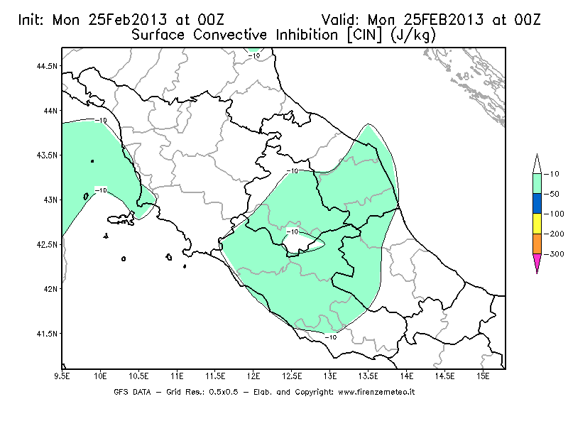 Mappa di analisi GFS - CIN [J/kg] in Centro-Italia
							del 25/02/2013 00 <!--googleoff: index-->UTC<!--googleon: index-->