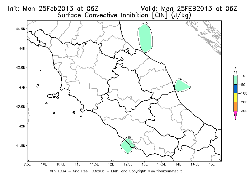 Mappa di analisi GFS - CIN [J/kg] in Centro-Italia
									del 25/02/2013 06 <!--googleoff: index-->UTC<!--googleon: index-->