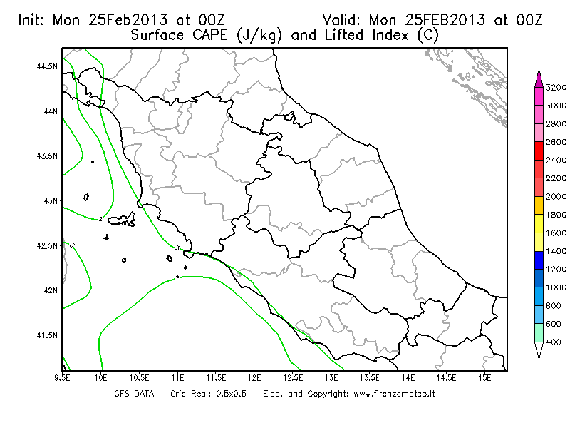 Mappa di analisi GFS - CAPE [J/kg] e Lifted Index [°C] in Centro-Italia
							del 25/02/2013 00 <!--googleoff: index-->UTC<!--googleon: index-->