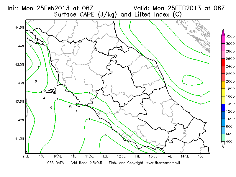 Mappa di analisi GFS - CAPE [J/kg] e Lifted Index [°C] in Centro-Italia
							del 25/02/2013 06 <!--googleoff: index-->UTC<!--googleon: index-->