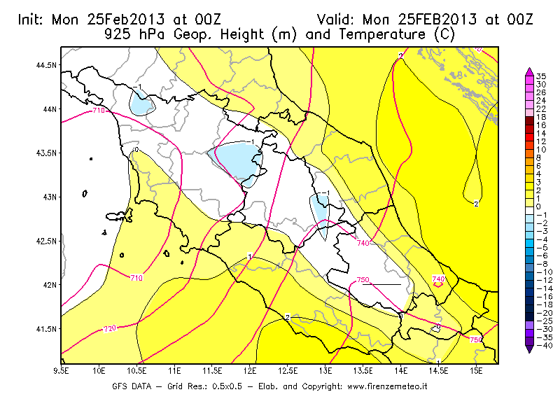 Mappa di analisi GFS - Geopotenziale [m] e Temperatura [°C] a 925 hPa in Centro-Italia
									del 25/02/2013 00 <!--googleoff: index-->UTC<!--googleon: index-->