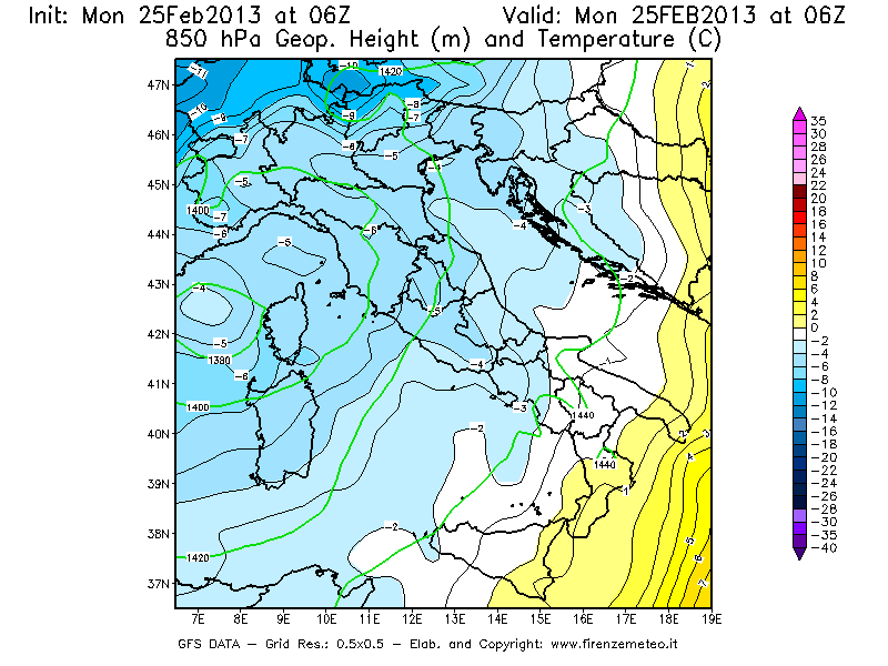 Mappa di analisi GFS - Geopotenziale [m] e Temperatura [°C] a 850 hPa in Italia
							del 25/02/2013 06 <!--googleoff: index-->UTC<!--googleon: index-->