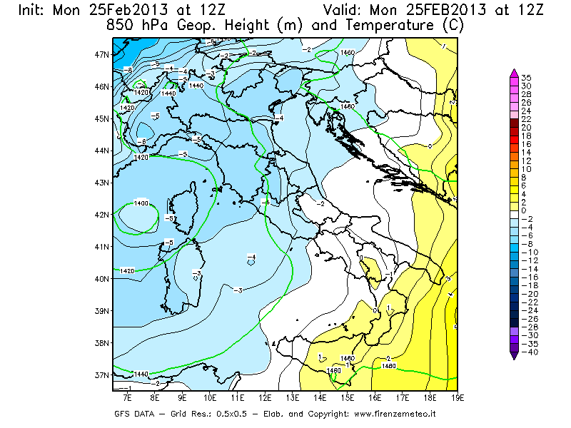 Mappa di analisi GFS - Geopotenziale [m] e Temperatura [°C] a 850 hPa in Italia
									del 25/02/2013 12 <!--googleoff: index-->UTC<!--googleon: index-->