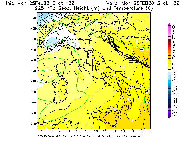 Mappa di analisi GFS - Geopotenziale [m] e Temperatura [°C] a 925 hPa in Italia
							del 25/02/2013 12 <!--googleoff: index-->UTC<!--googleon: index-->