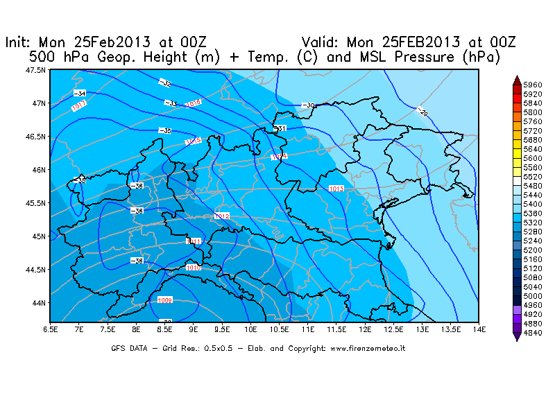 Mappa di analisi GFS - Geopotenziale [m] + Temp. [°C] a 500 hPa + Press. a livello del mare [hPa] in Nord-Italia
									del 25/02/2013 00 <!--googleoff: index-->UTC<!--googleon: index-->