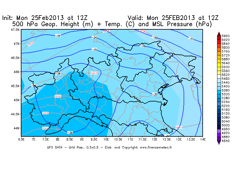 Mappa di analisi GFS - Geopotenziale [m] + Temp. [°C] a 500 hPa + Press. a livello del mare [hPa] in Nord-Italia
									del 25/02/2013 12 <!--googleoff: index-->UTC<!--googleon: index-->
