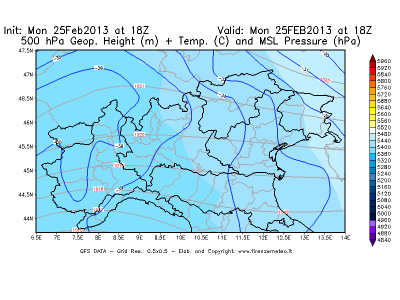 Mappa di analisi GFS - Geopotenziale [m] + Temp. [°C] a 500 hPa + Press. a livello del mare [hPa] in Nord-Italia
									del 25/02/2013 18 <!--googleoff: index-->UTC<!--googleon: index-->