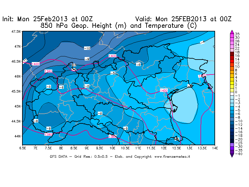 Mappa di analisi GFS - Geopotenziale [m] e Temperatura [°C] a 850 hPa in Nord-Italia
							del 25/02/2013 00 <!--googleoff: index-->UTC<!--googleon: index-->