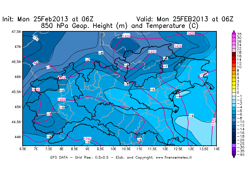 Mappa di analisi GFS - Geopotenziale [m] e Temperatura [°C] a 850 hPa in Nord-Italia
							del 25/02/2013 06 <!--googleoff: index-->UTC<!--googleon: index-->