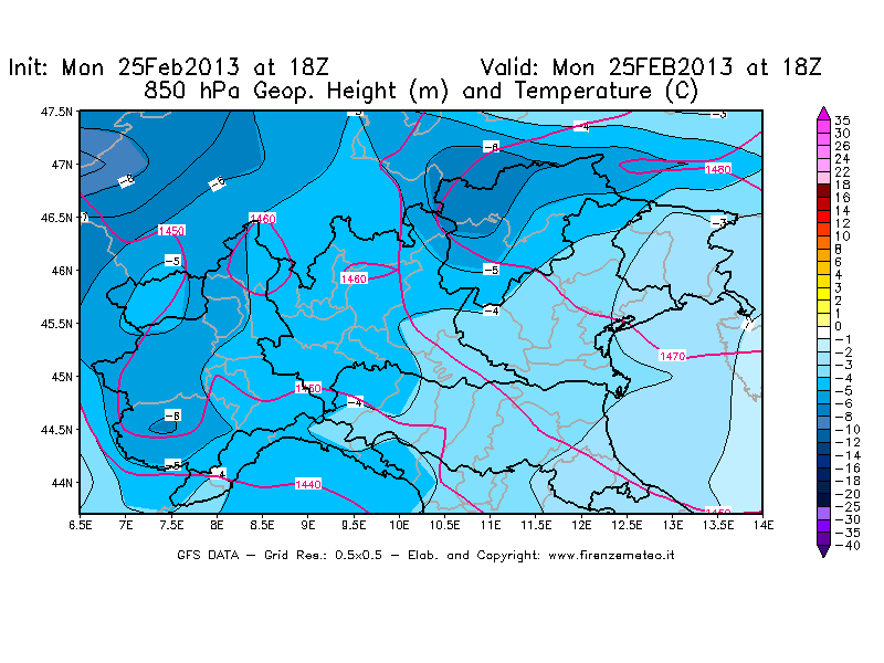 Mappa di analisi GFS - Geopotenziale [m] e Temperatura [°C] a 850 hPa in Nord-Italia
									del 25/02/2013 18 <!--googleoff: index-->UTC<!--googleon: index-->