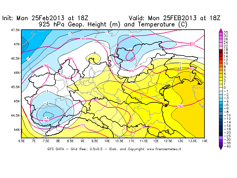 Mappa di analisi GFS - Geopotenziale [m] e Temperatura [°C] a 925 hPa in Nord-Italia
							del 25/02/2013 18 <!--googleoff: index-->UTC<!--googleon: index-->