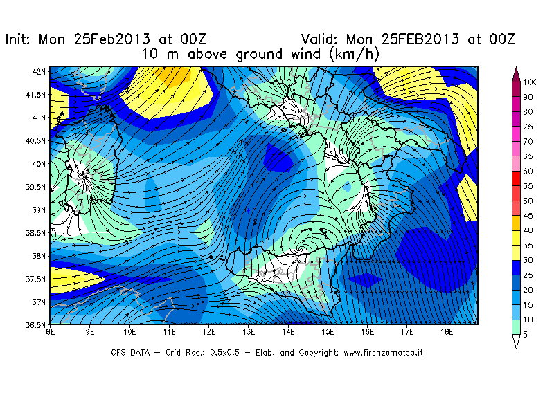 Mappa di analisi GFS - Velocità del vento a 10 metri dal suolo [km/h] in Sud-Italia
							del 25/02/2013 00 <!--googleoff: index-->UTC<!--googleon: index-->