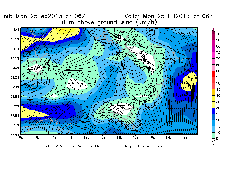 Mappa di analisi GFS - Velocità del vento a 10 metri dal suolo [km/h] in Sud-Italia
							del 25/02/2013 06 <!--googleoff: index-->UTC<!--googleon: index-->