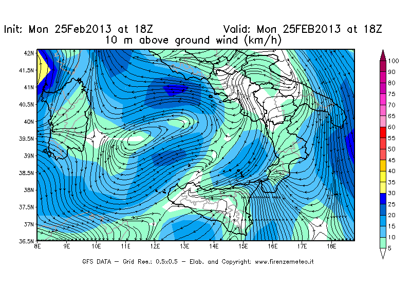 Mappa di analisi GFS - Velocità del vento a 10 metri dal suolo [km/h] in Sud-Italia
									del 25/02/2013 18 <!--googleoff: index-->UTC<!--googleon: index-->