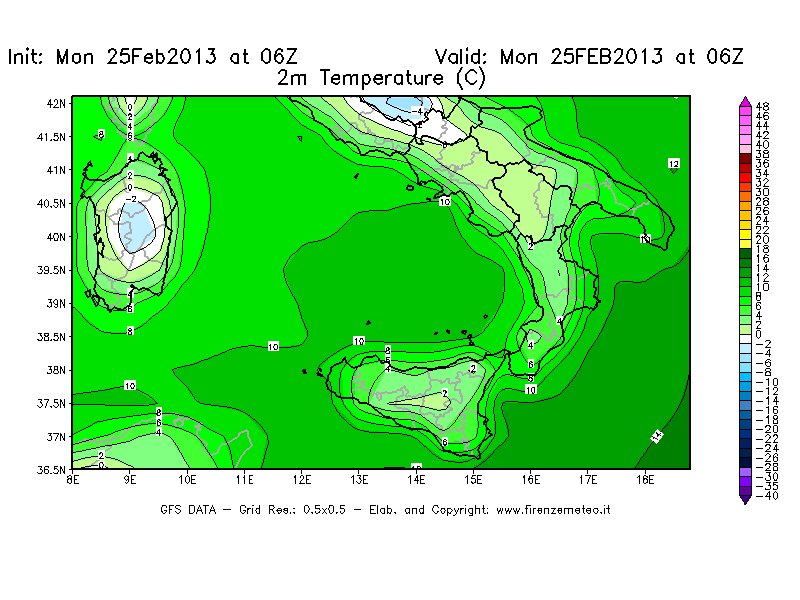 Mappa di analisi GFS - Temperatura a 2 metri dal suolo [°C] in Sud-Italia
									del 25/02/2013 06 <!--googleoff: index-->UTC<!--googleon: index-->