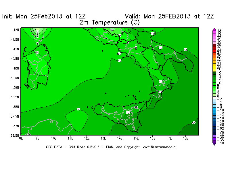 Mappa di analisi GFS - Temperatura a 2 metri dal suolo [°C] in Sud-Italia
									del 25/02/2013 12 <!--googleoff: index-->UTC<!--googleon: index-->