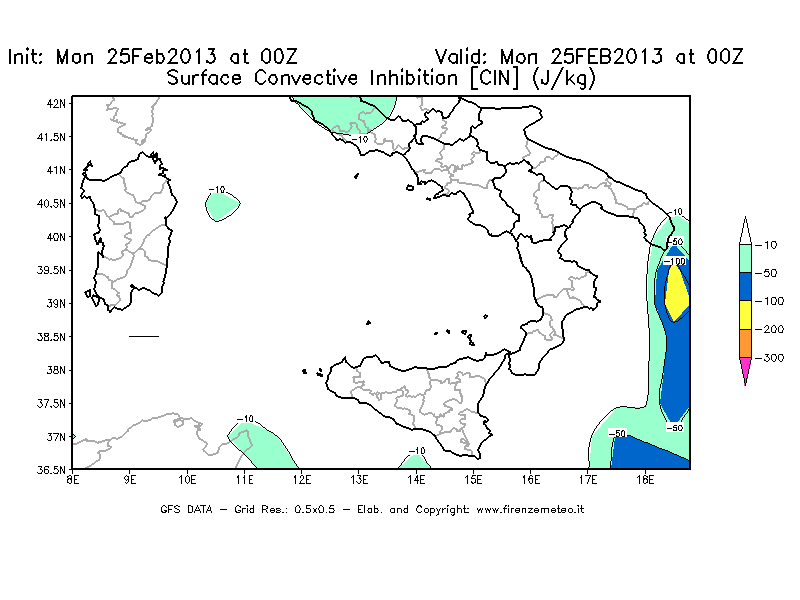 Mappa di analisi GFS - CIN [J/kg] in Sud-Italia
									del 25/02/2013 00 <!--googleoff: index-->UTC<!--googleon: index-->