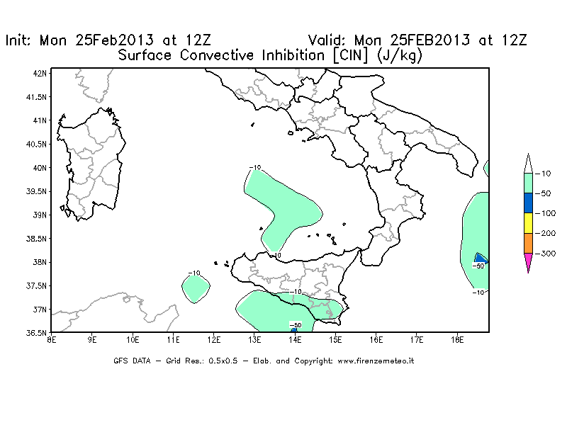 Mappa di analisi GFS - CIN [J/kg] in Sud-Italia
									del 25/02/2013 12 <!--googleoff: index-->UTC<!--googleon: index-->