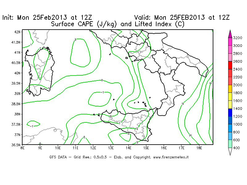Mappa di analisi GFS - CAPE [J/kg] e Lifted Index [°C] in Sud-Italia
									del 25/02/2013 12 <!--googleoff: index-->UTC<!--googleon: index-->