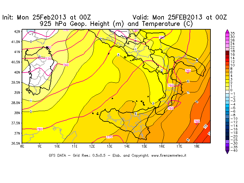 Mappa di analisi GFS - Geopotenziale [m] e Temperatura [°C] a 925 hPa in Sud-Italia
							del 25/02/2013 00 <!--googleoff: index-->UTC<!--googleon: index-->