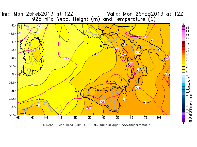 Mappa di analisi GFS - Geopotenziale [m] e Temperatura [°C] a 925 hPa in Sud-Italia
							del 25/02/2013 12 <!--googleoff: index-->UTC<!--googleon: index-->