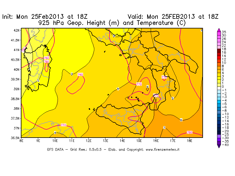 Mappa di analisi GFS - Geopotenziale [m] e Temperatura [°C] a 925 hPa in Sud-Italia
							del 25/02/2013 18 <!--googleoff: index-->UTC<!--googleon: index-->