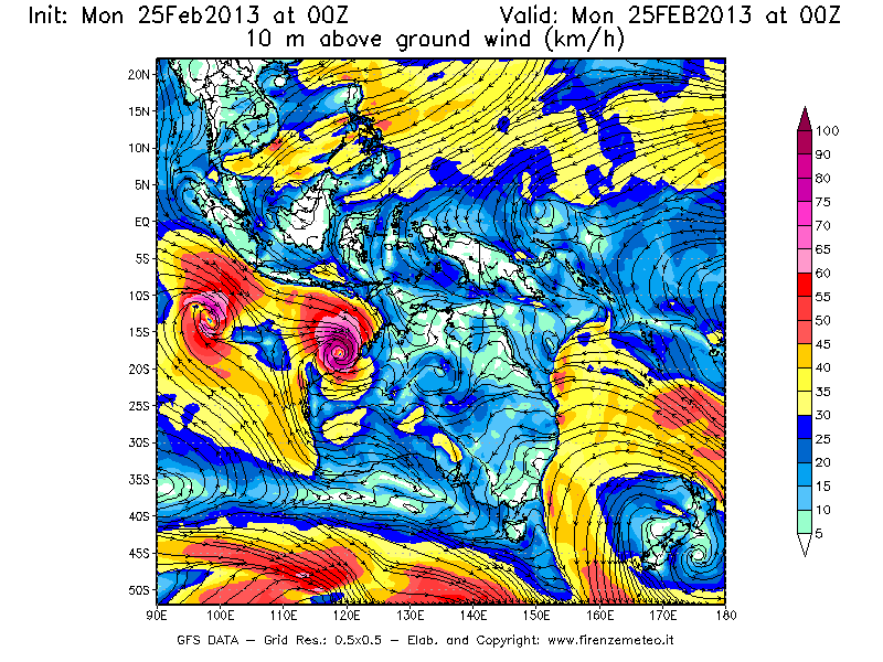 Mappa di analisi GFS - Velocità del vento a 10 metri dal suolo [km/h] in Oceania
							del 25/02/2013 00 <!--googleoff: index-->UTC<!--googleon: index-->