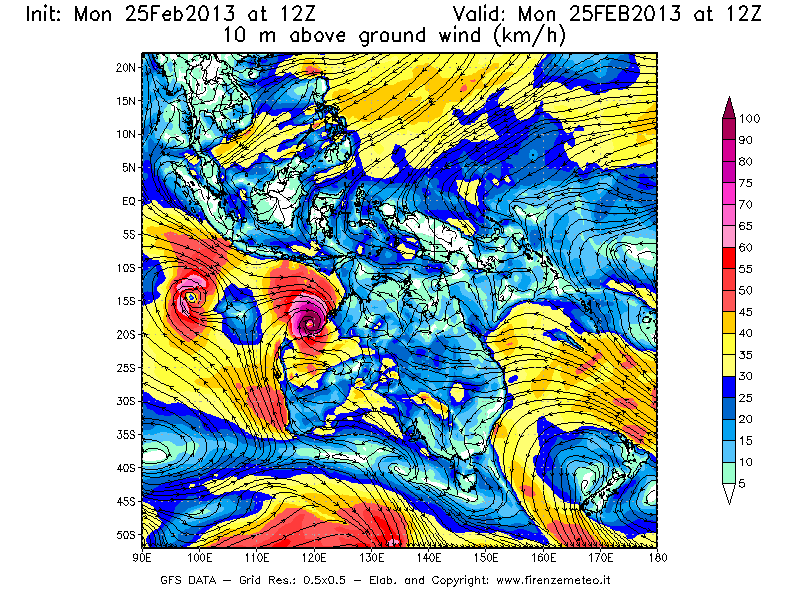 Mappa di analisi GFS - Velocità del vento a 10 metri dal suolo [km/h] in Oceania
							del 25/02/2013 12 <!--googleoff: index-->UTC<!--googleon: index-->