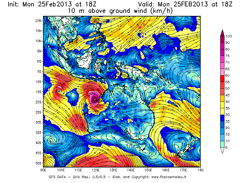 Mappa di analisi GFS - Velocità del vento a 10 metri dal suolo [km/h] in Oceania
									del 25/02/2013 18 <!--googleoff: index-->UTC<!--googleon: index-->