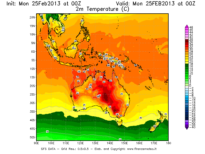 Mappa di analisi GFS - Temperatura a 2 metri dal suolo [°C] in Oceania
							del 25/02/2013 00 <!--googleoff: index-->UTC<!--googleon: index-->