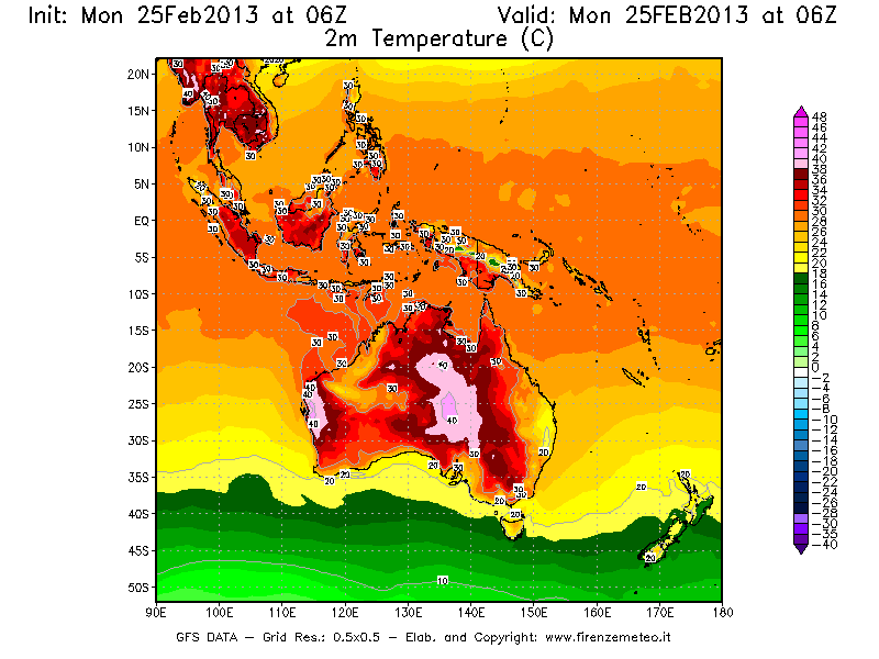 Mappa di analisi GFS - Temperatura a 2 metri dal suolo [°C] in Oceania
									del 25/02/2013 06 <!--googleoff: index-->UTC<!--googleon: index-->